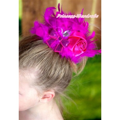 Hot Pink Posh Crystal Satin Rose Sparkle Bow Feather Hair Clip H731 